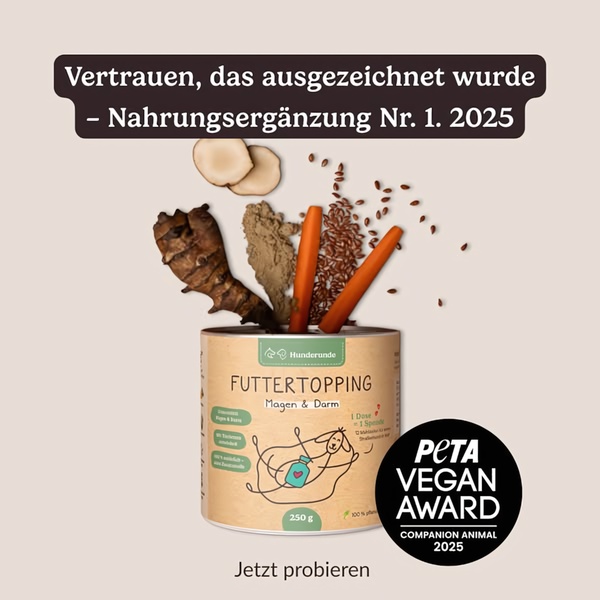 This creative displays high-quality natural ingredients floating above a branded pet supplement container, anchored by a prominent industry award badge.